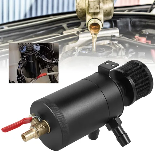 Imagen 2 del producto Kit de tanque de lata de captura separador de aceite con 2 puertos, filtro de válvula de drenaje de tanque de depósito de aceite de aluminio de 150ml, línea de combustible NPT de 3/8 pulgadas