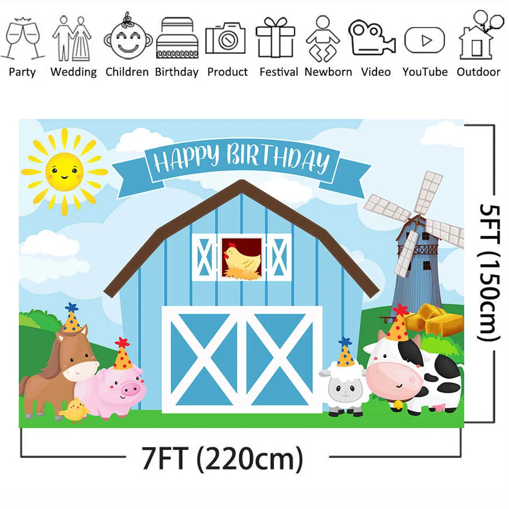Hoạt Hình Nông Thôn Nông Trại Bé Chúc Mừng Sinh Nhật Hình Nền Xanh Dương Kho Thóc Động Vật Bé Trai 1st Sinh Nhật Chụp Ảnh Phông Nền Photocall