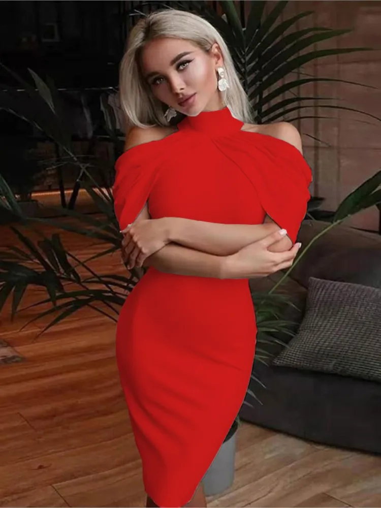 Summer New Solid Color Slim Vestidos Women Halter Neck Off Shoulder Package Hip Bodycon Elegant Temperament Ladies Vestidos