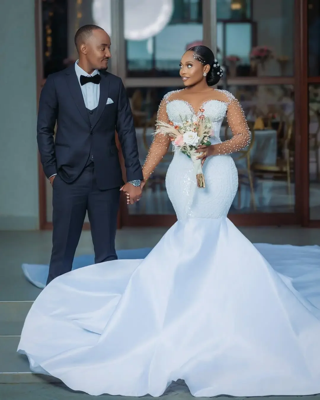 

Индивидуальное свадебное платье-русалка с круглым вырезом, ручной работы, с жемчугом и бисером, роскошное, с длинными рукавами, Vestidos De Novias