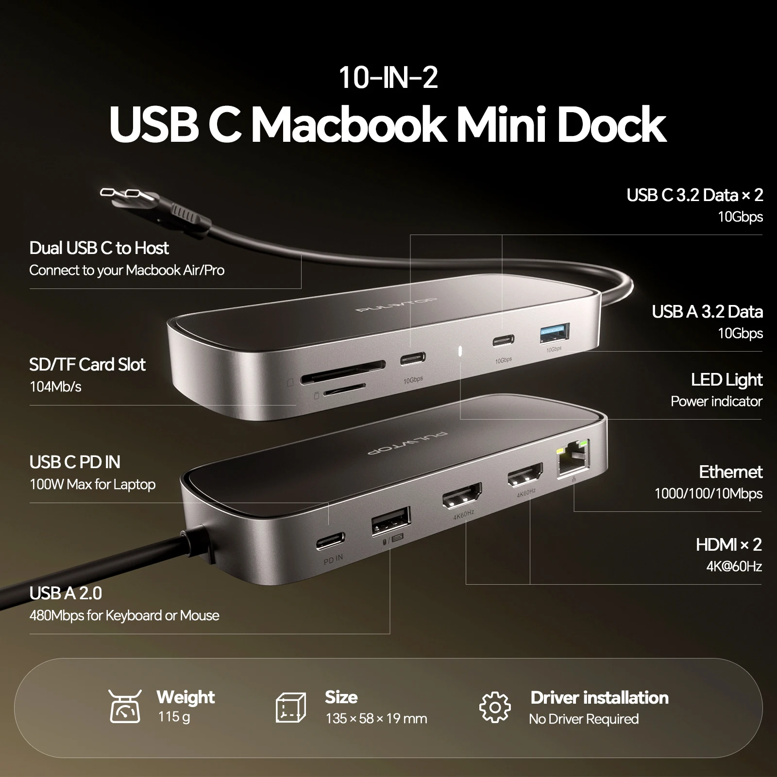 PULWTOP MacBook Pro Docking Station Dual Monitor 4K@60Hz with 2HDMI,PD,Ethernet,USB A/C 10Gbps,SD/TF, USB 2.0