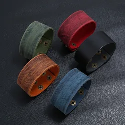 Men's Wide Genuine Leather Wrap Bracelets Retro Adjustable Bangles for Male Punk Style Jewelry Gifts Black Brown Red Green Blue