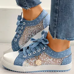 Women Shoes 2024 Fashion Summer Casual Shoes Cutouts Lace Patchwork Canvas Hollow Breathable Platform Flat Shoes Woman Footwear