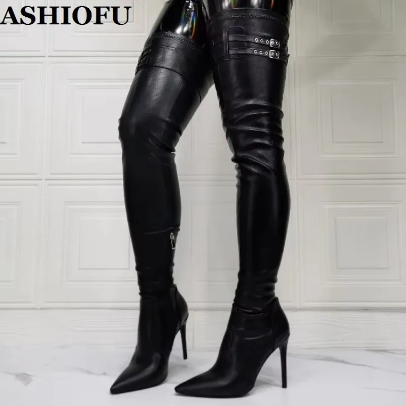 ASHIOFU New Wholesale Ladies High Heel Boots Sexy Night Club Real Pictures Large Size Fashion Evening Club WinterLong Boot-shoes