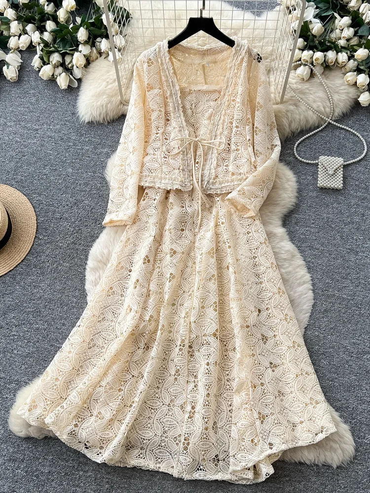 

Elegant Lace Hollow out Two Piece Set Women's Autumn V Neck Seven Sleeve Slimming High Waist Fashionable Ensemble