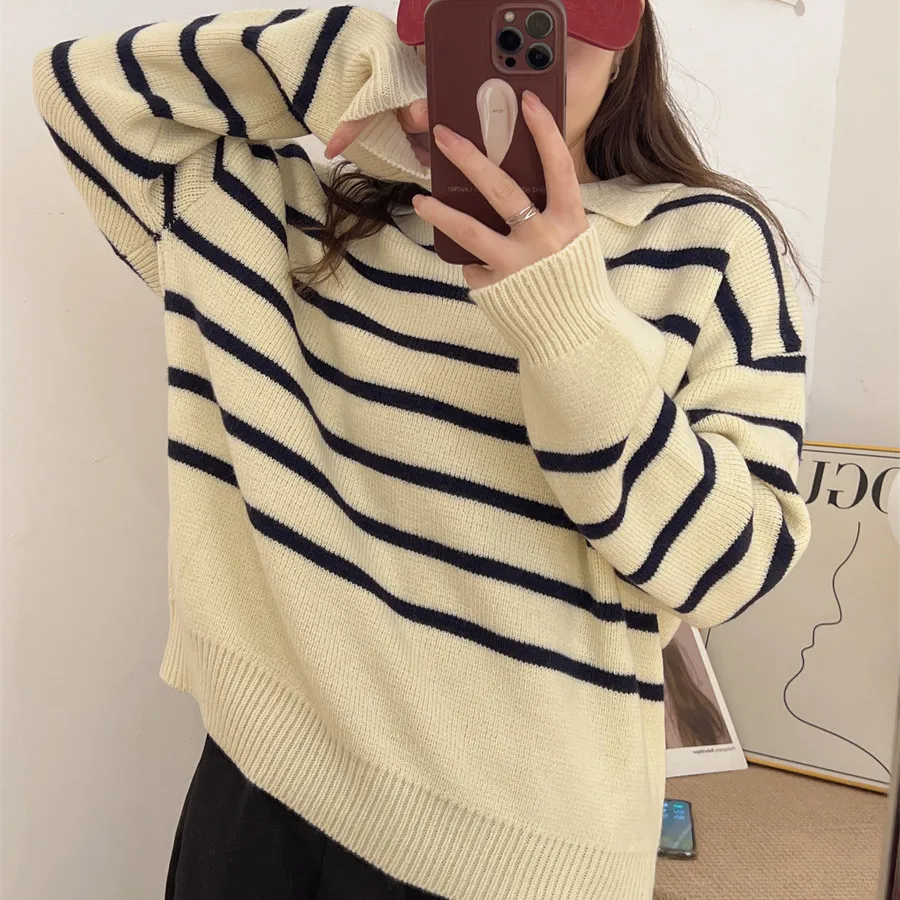 Women Sweater 2023 Autumn Winter Knitted Pullovers V-neck Bottoming Shirts Stripes Jumpers Long Sleeve Female Basic Tops