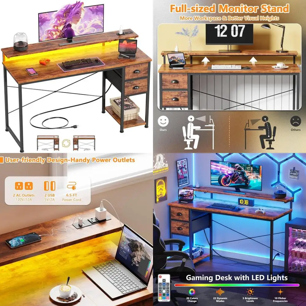 

LED-Illuminated 55 Inch Computer Desk with Power Outlets, Storage Drawers, and Monitor Stand for Home Office Writing and Worksta