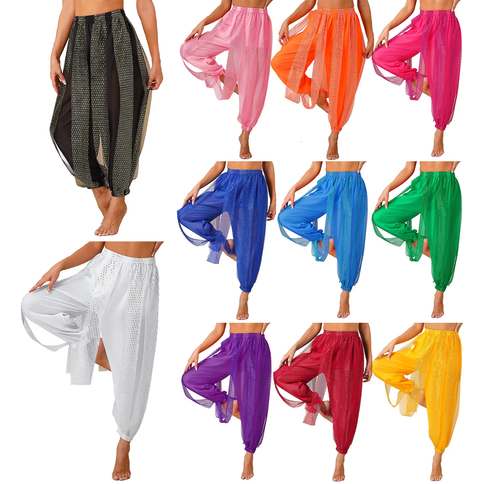 Belly Dance Harem Trousers Women\'s Chiffon Tribal Arabic Lantern Pants Sequined Dots Bloomers for Dance Yoga Pilates Party