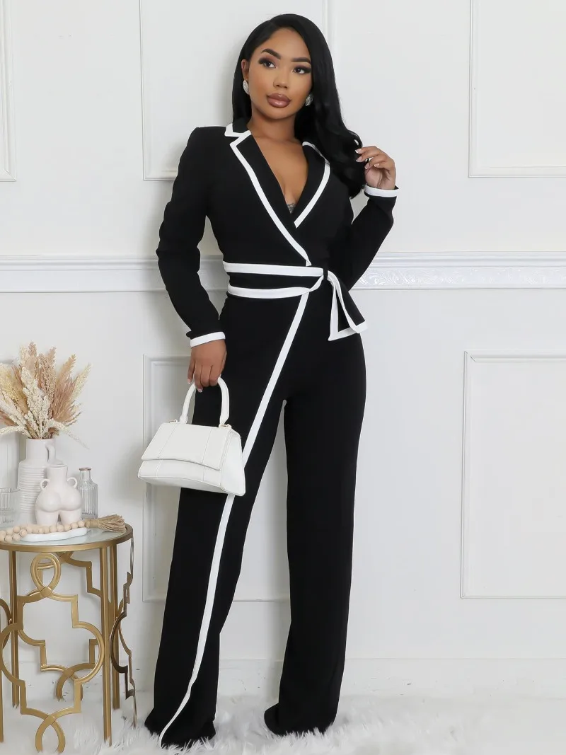 KEXU Contrast Color Work Wear Women Long Sleeve Notched Neck Wide Leg Blazer Jumpsuits Elegant OL One Piece Set Romper Playsuit