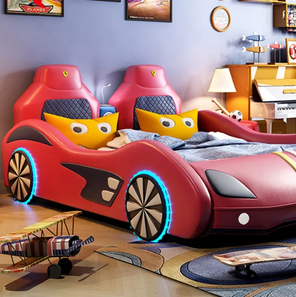 Cama para carro infantil de desenho único, couro de madeira maciça criativa, cama para carro esportivo multifuncional para menino e menina