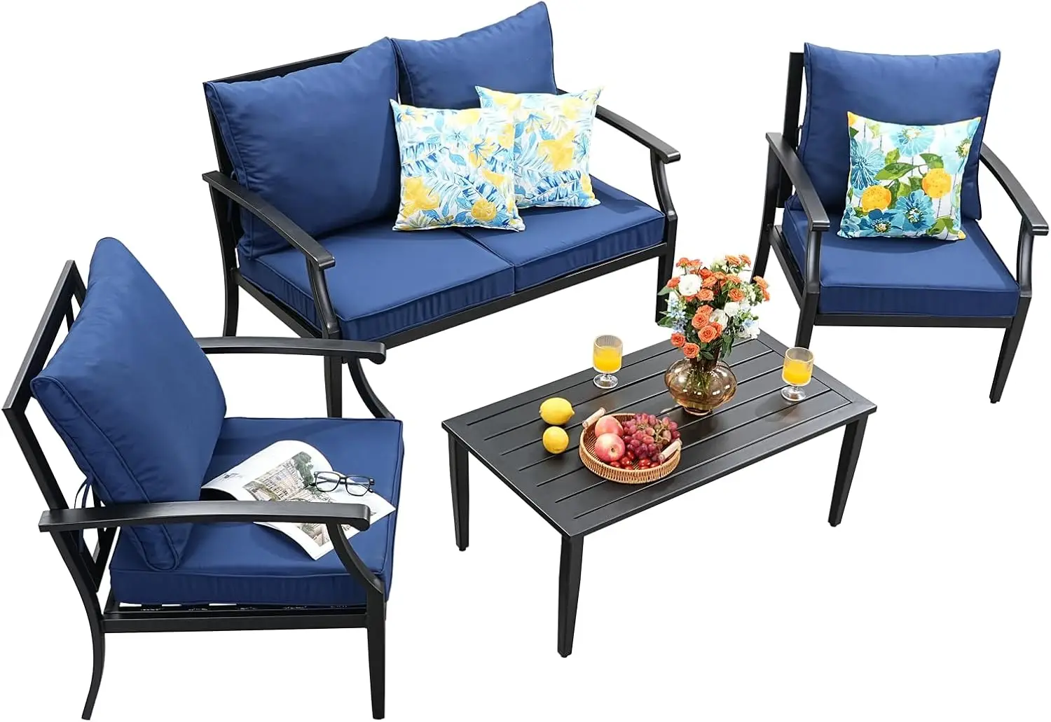 4-Piece Patio Conversation Set,Oversized Outdoor Metal Furniture Set With Table And Loveseat,Removable And Washable Deep