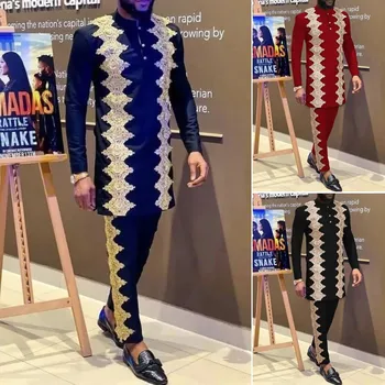 طقم رجالي بأكمام طويلة من قطعتين ، طباعة هندسية ، أزياء غير رسمية