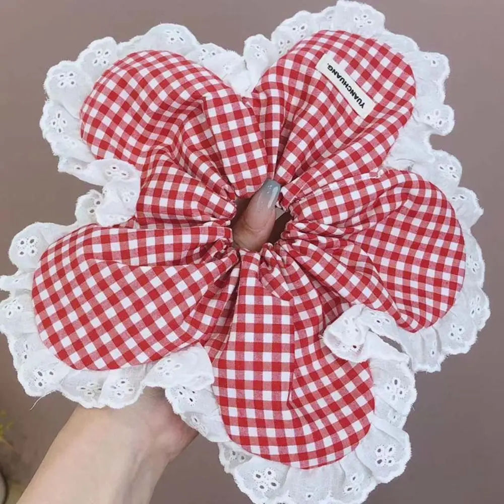 Trendy Korean Style Flower Scrunchies Cloth Large Plaid Lace Scrunchies Ponytail Holder Hair Rope Exaggerated Hair Ring Party