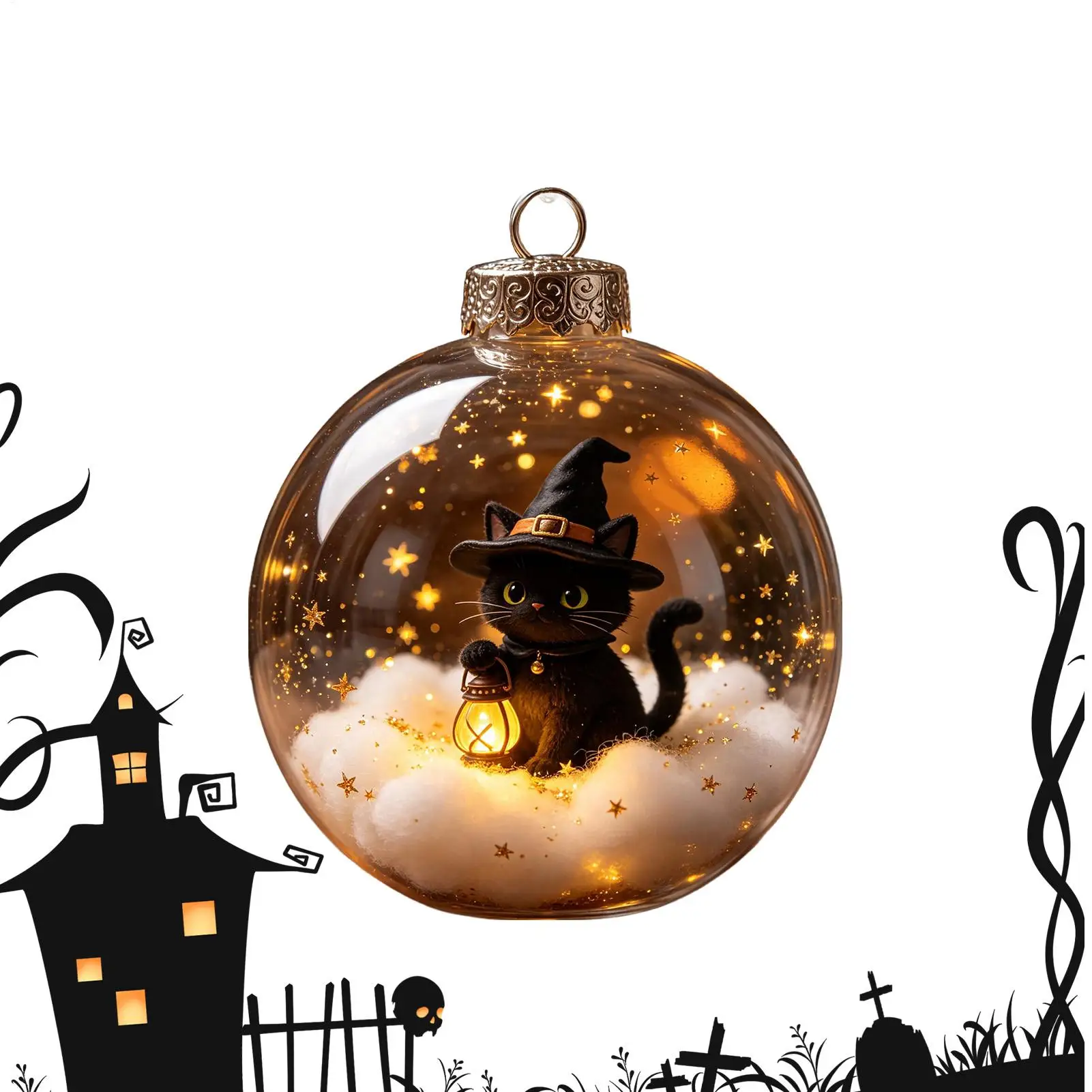 Halloween Balls Ornaments Spooky Lighted Hangable Autumn Prop Ghost Pumpkin Black Cat Balls Ornaments For Homeowners Event
