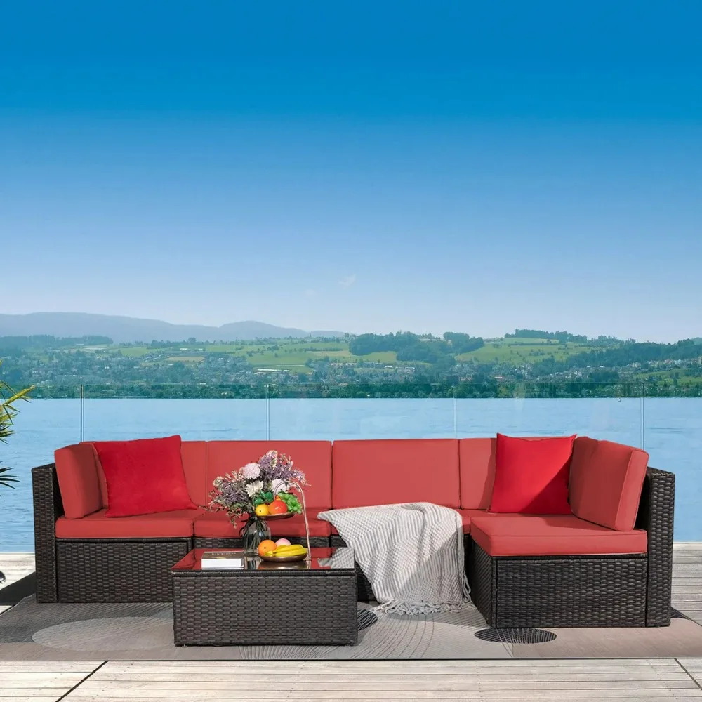 

6 Pieces Outdoor Indoor Sectional Sofa Set PE Wicker Rattan Sectional Seating Group with Cushions and Table Red