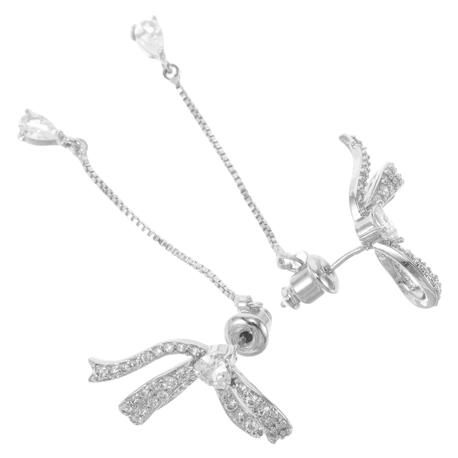 1 Pair Butterfly Bow Rhinestone Earrings For Women Silver Tassel Drop Crystal Statement Sparkly Long Lightweight Zircon Dangle