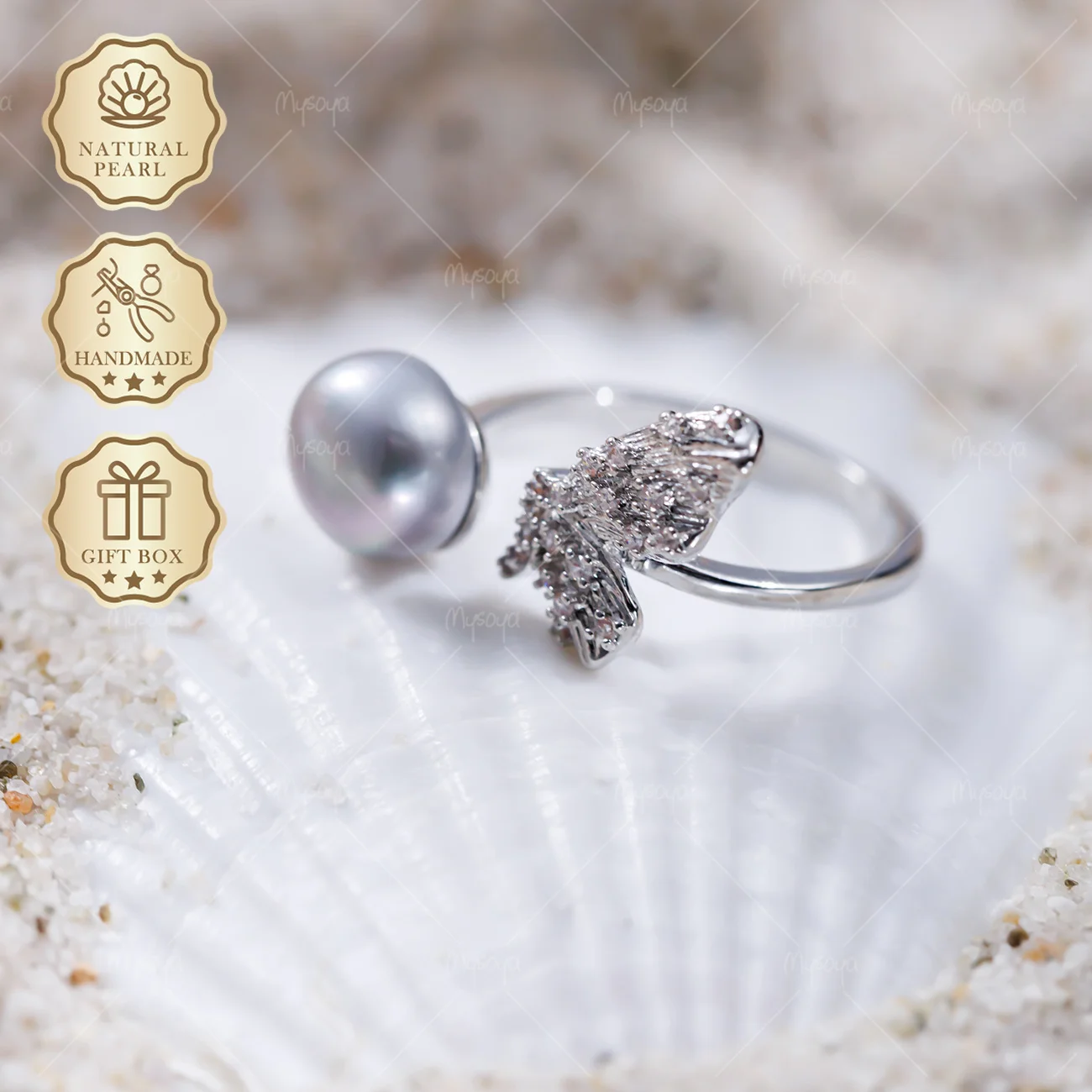 

MYSOYA 8-9mm Gray Freshwater Pearl Open Ring Silver Butterfly Wing Ring, Gift Box, Graduation Gift S480