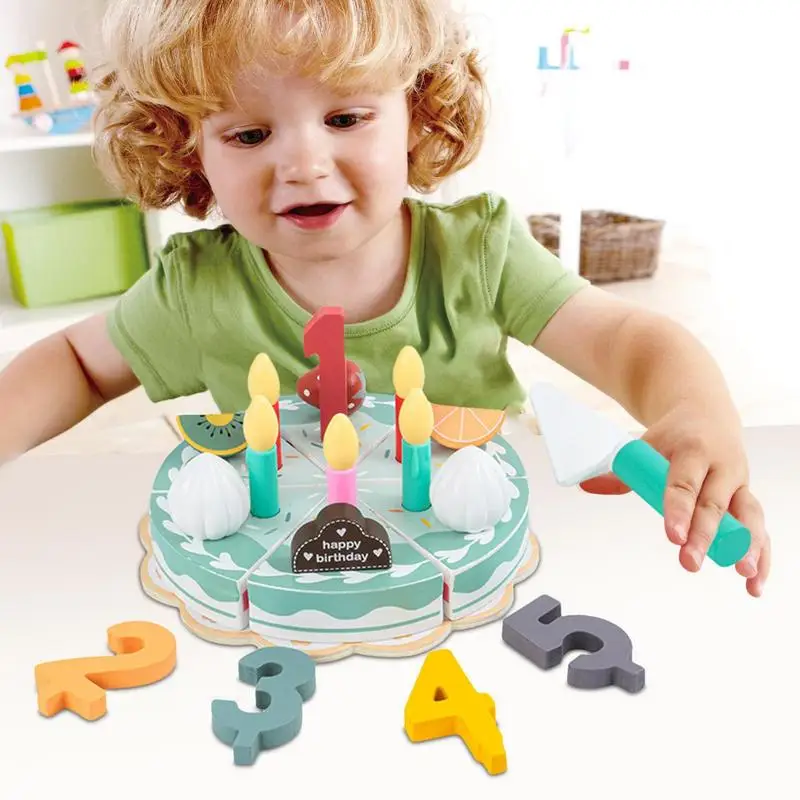 Jouet gâteau d'anniversaire coloré en bois, modèle de cuisine éducatif, accessoires alimentaires, jeux d'apprentissage précoce pour tout-petits