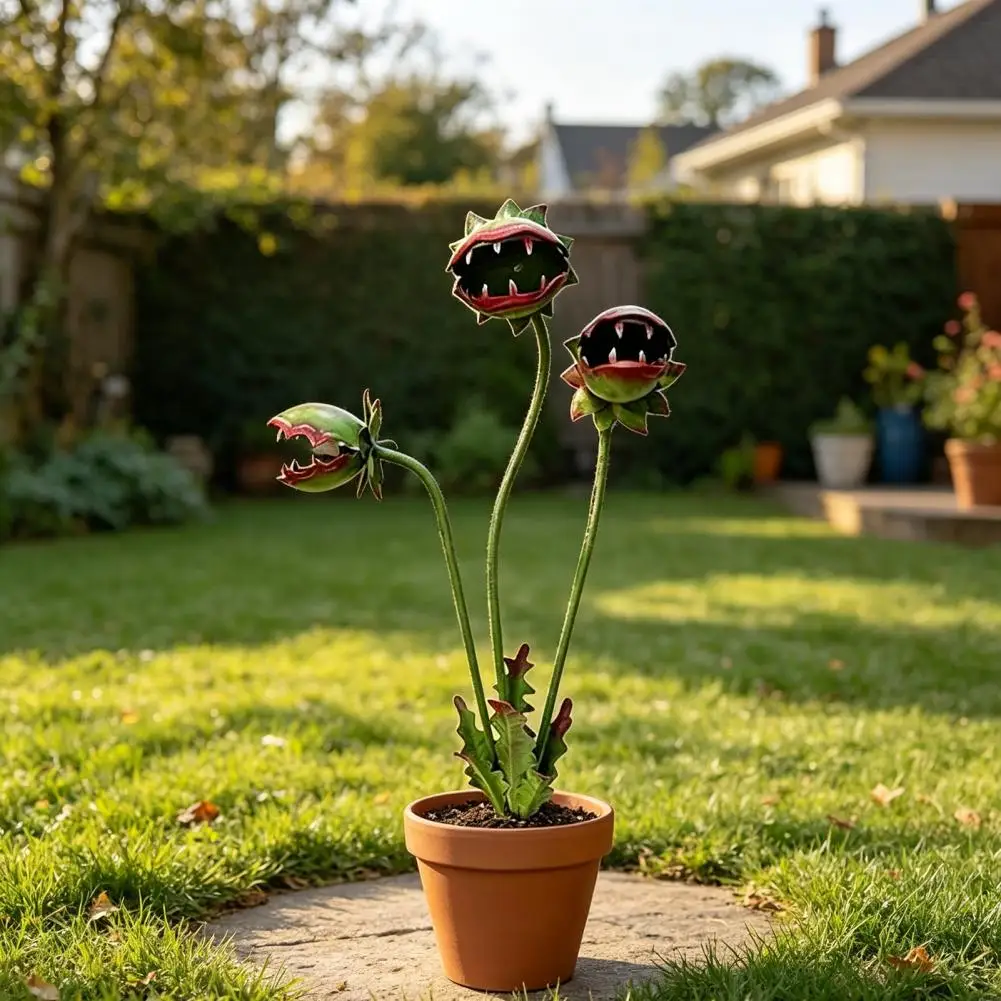 Handgefertigter Metall-Gartenstecker mit Fleischfresser-Pflanze, Rostfrei und Regenfest, Gartendekoration für Blumenbeet, Terrasse, Pflanzgefäß und Außenrasen – Detail 6