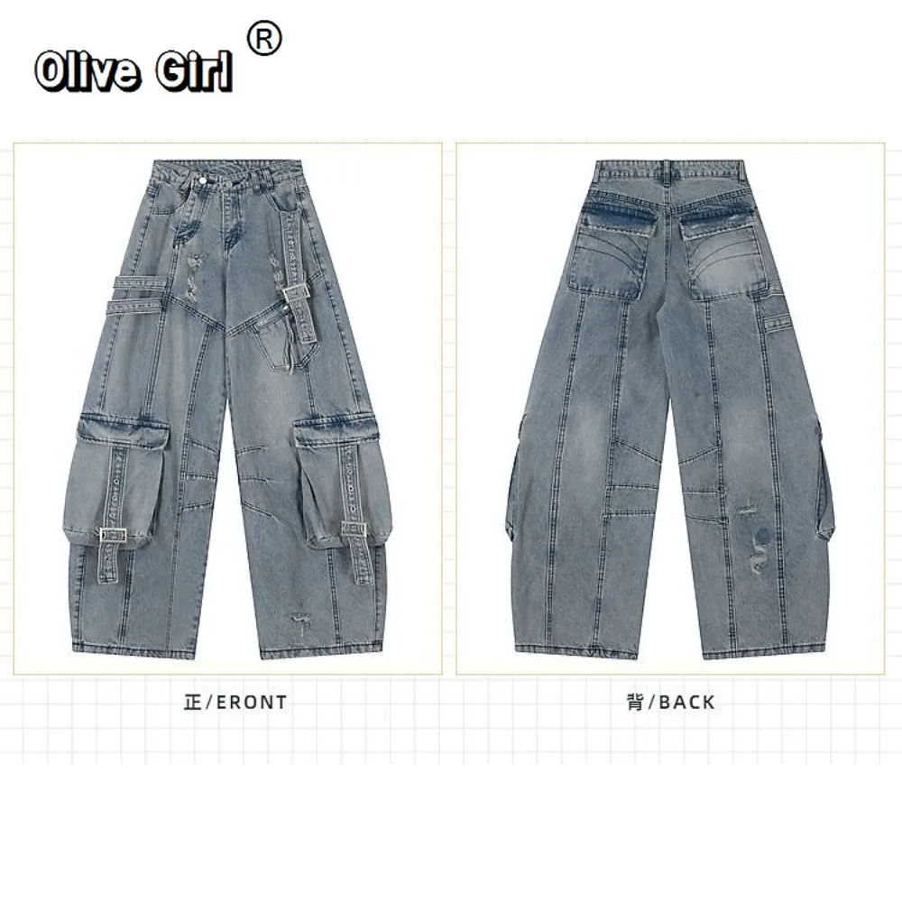 Olivegirl Denim Jeans Pants Multiple Pockets Workwear Men Women's Trousers Loose Straight Leg Wide High Street American Retro