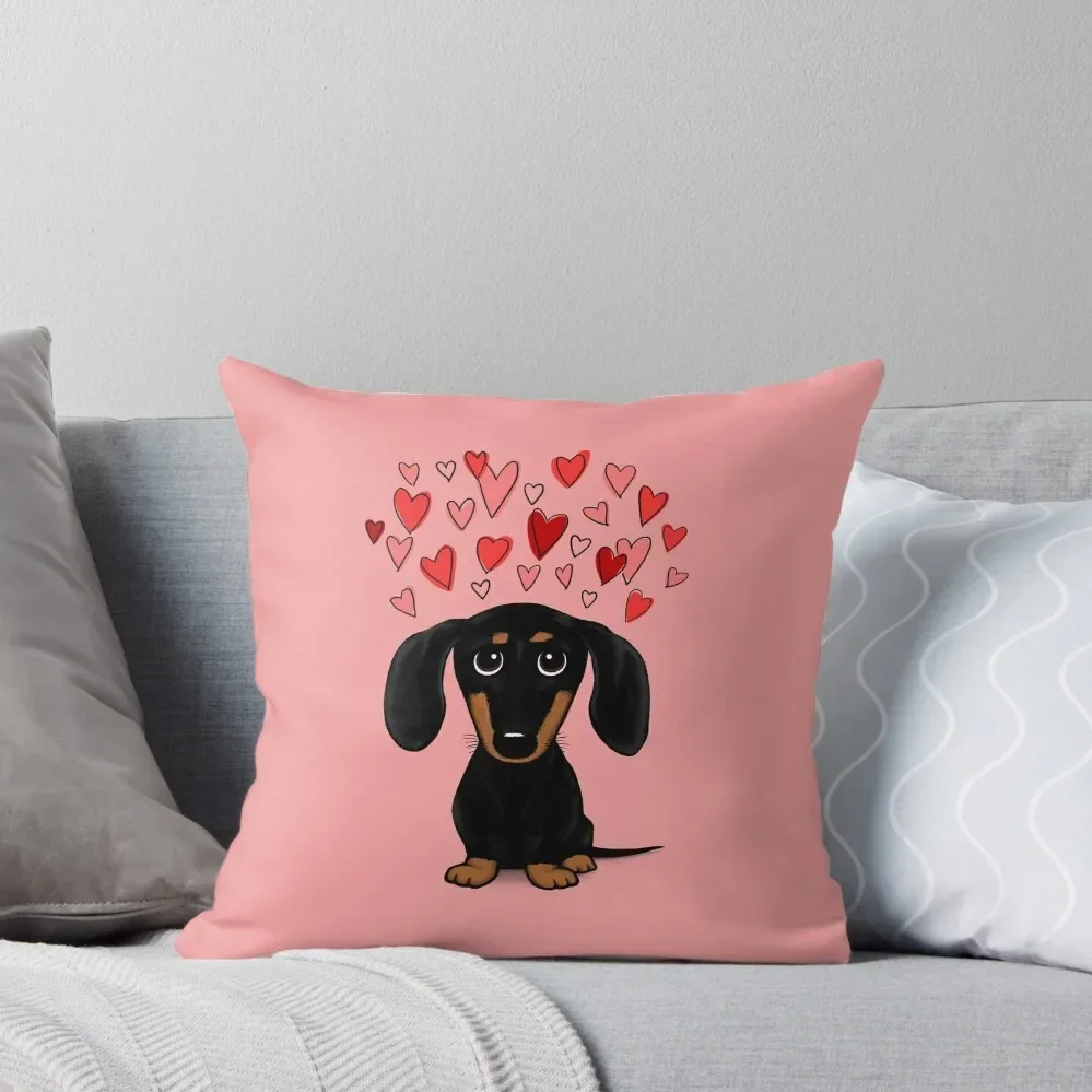 Dachshund with Valentine Hearts Cute Black and Tan Wiener Dog Throw Pillow luxury home accessories Custom Cushion pillow