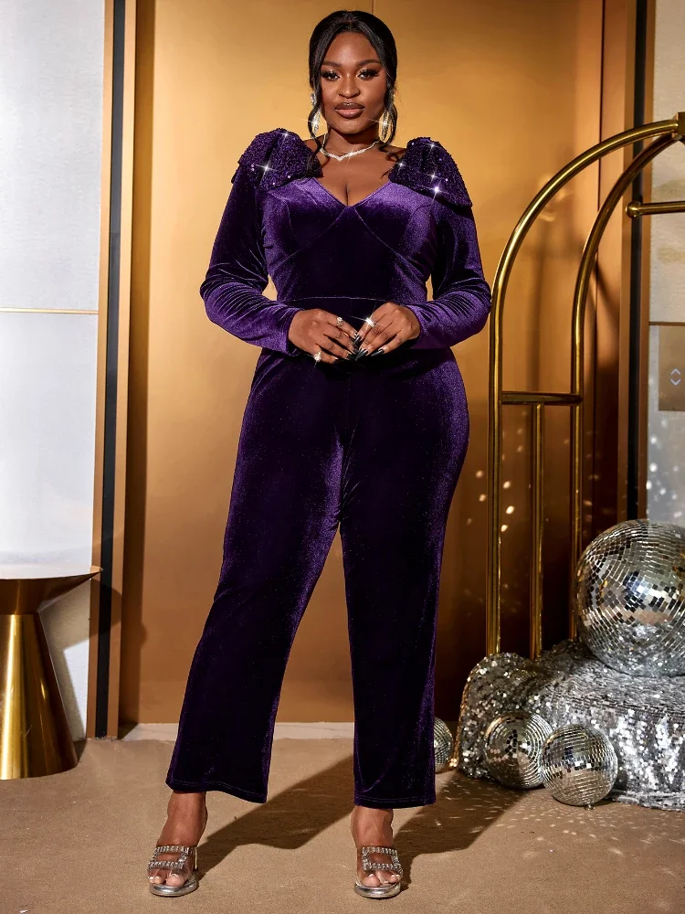 

Purple Velvet Jumpsuits for Women V Neck Long Sleeves Sequins Bowtie Rompers Elegant Sexy Evening Party Club One Piece Outfit