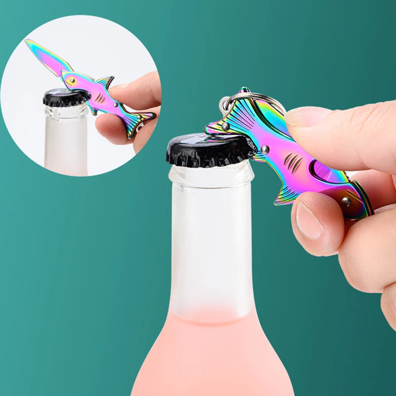 Shark Shape Mini Folding Knife Beer Bottle Opener Outdoor EDC Convenient Tool Detachable Courier Keychain Pendant Kitchen Gadget