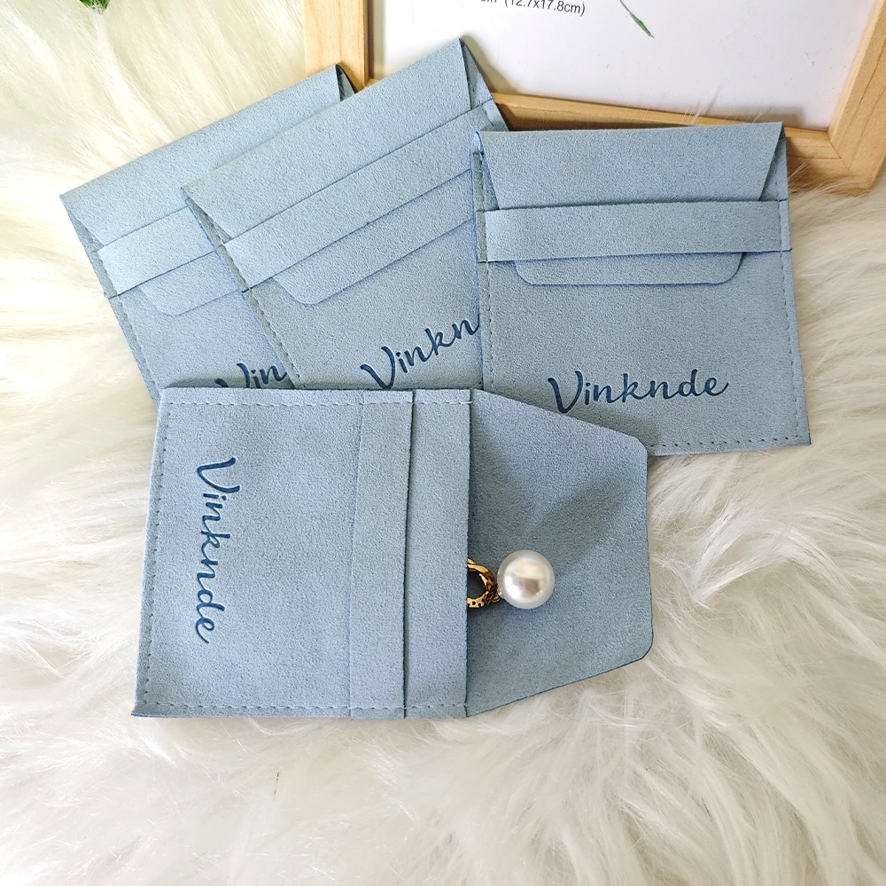 

Custom Emboss Print Stamp Earring Necklace Bags Bracelet Ring Velvet Envelope Flap Packaging Microfiber Gift Pouches With Logo