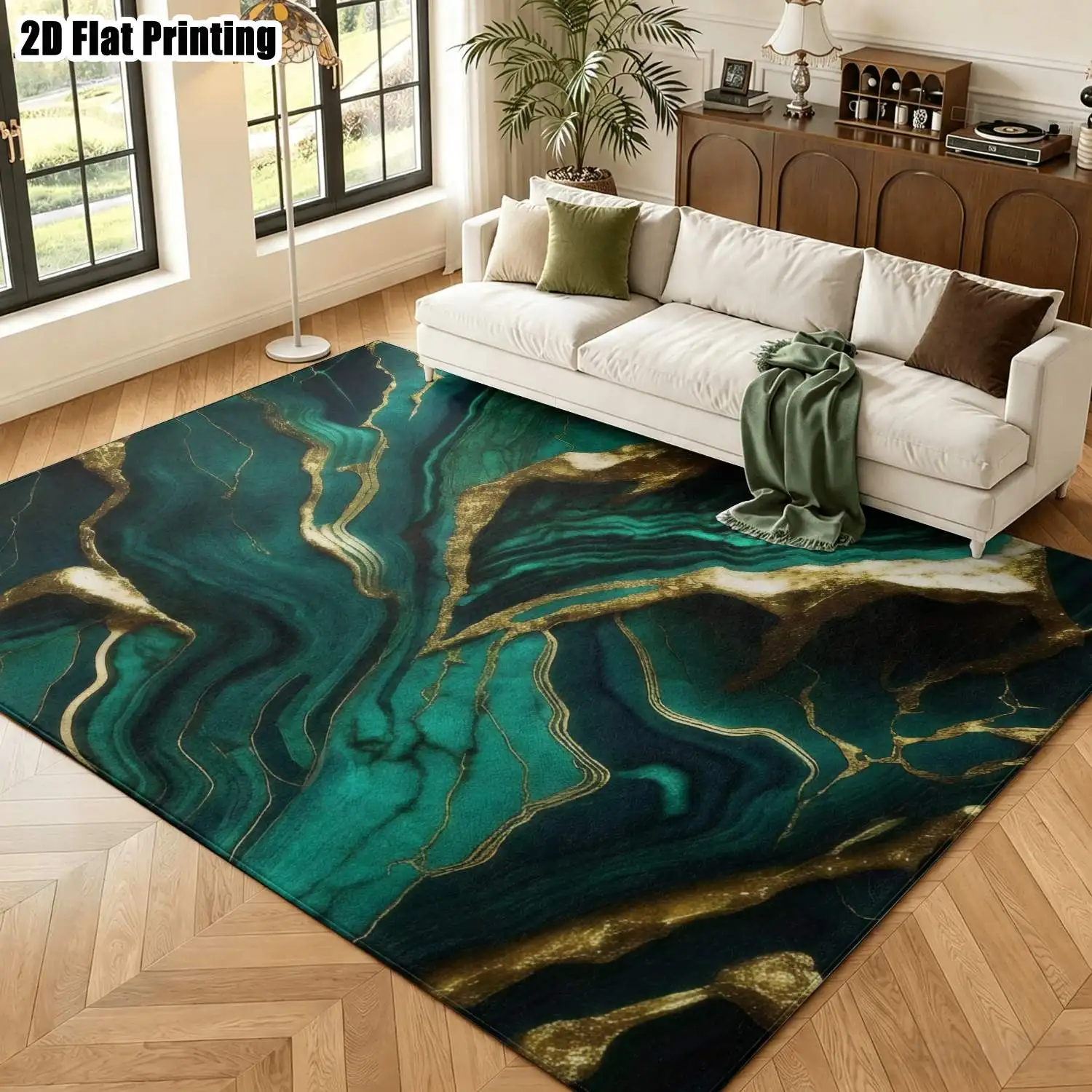 1Pc 2D Printed Nordic Modern Minimalist Vintage Abstract Art Carpet, Dark Green & Gold, Multiple Sizes, Machine Washable, for Entrance, Dining, Bedroom, Living Room Home Decor