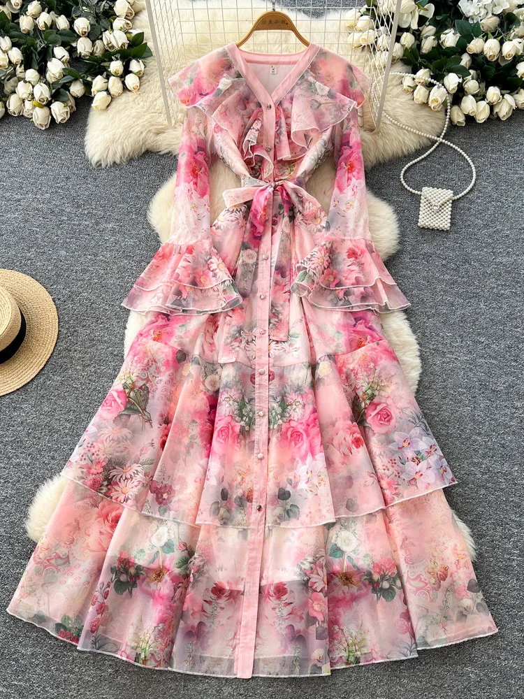 Französisches Bedrucktes Slim-Fit Langarm-Kleid mit Rüschenkante für Damen Neuer Ländlicher Stil Einreihiges A-Linien-Tüllkleid S539