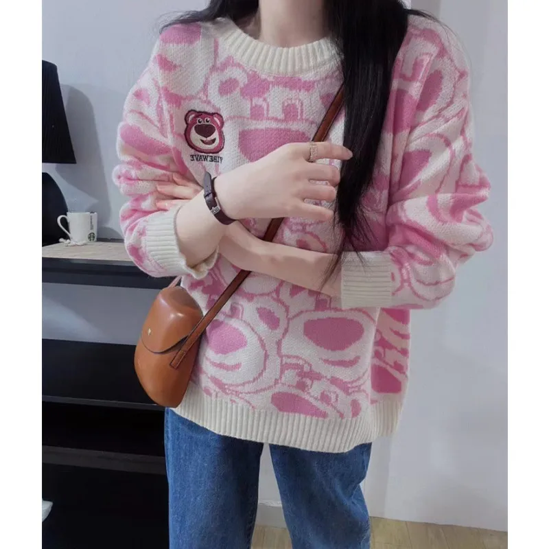 

Cartoon Lotso Women Knit Sweater Autumn Winter Cartoon Round Neck Knit Tops Simple Versatile Tops Lovers Warm Pullover Sweater