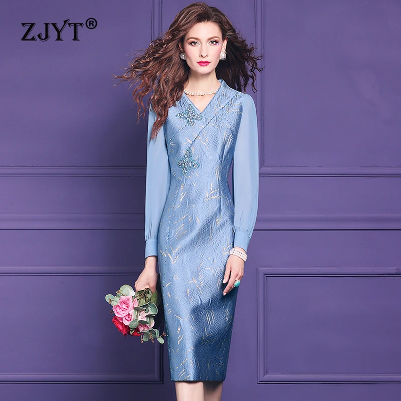 

ZJYT Autumn Long Sleeve Beading Jacquard Dress Women 2024 New Designer V Neck Straight Party Office Elegant Dresses Plus Size