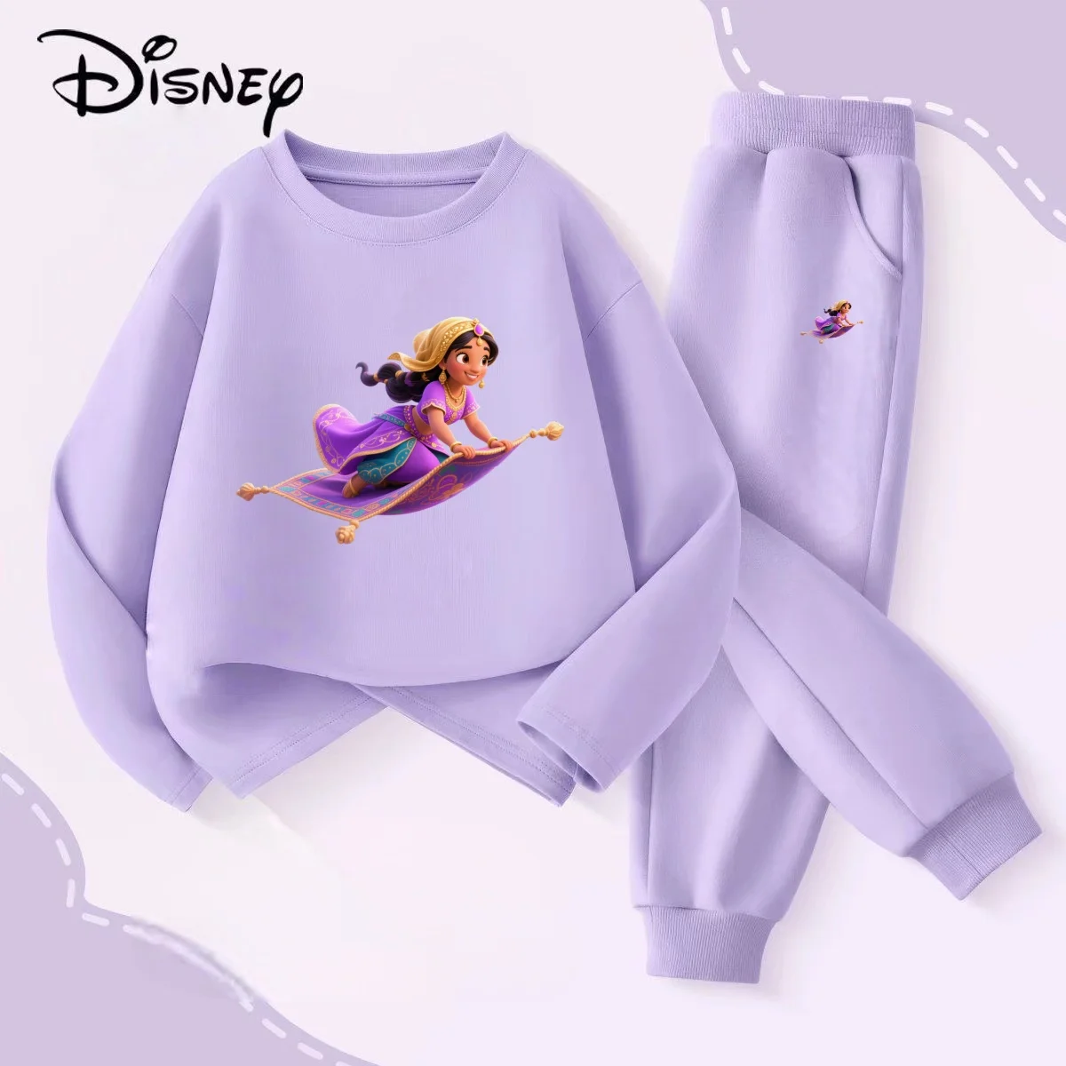 

Осенний комплект одежды для маленьких девочек, детские толстовки с принтом Аладдина Диснея, пуловер, топ и штаны, костюм из 2 предметов, детские спортивные костюмы