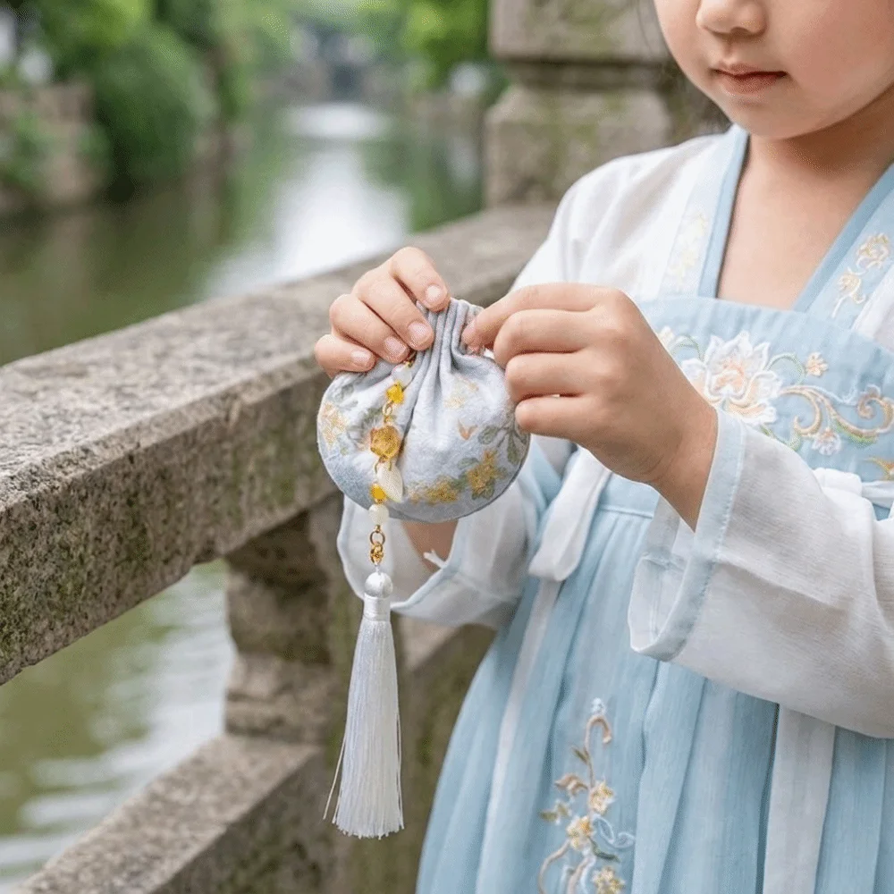 Zen Inspired Ancient Style Sachet Drawstring Closure with Tassels Lotus Drawstring Bag Handmade Mini Chinese Pouch
