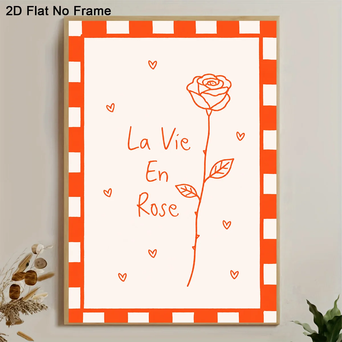 2027,2D Flat, 2D Flat, Frameless Canvas Poster, Minimalist Red Rose Line Art with Handwritten Text La Vie En Rose And Heart P