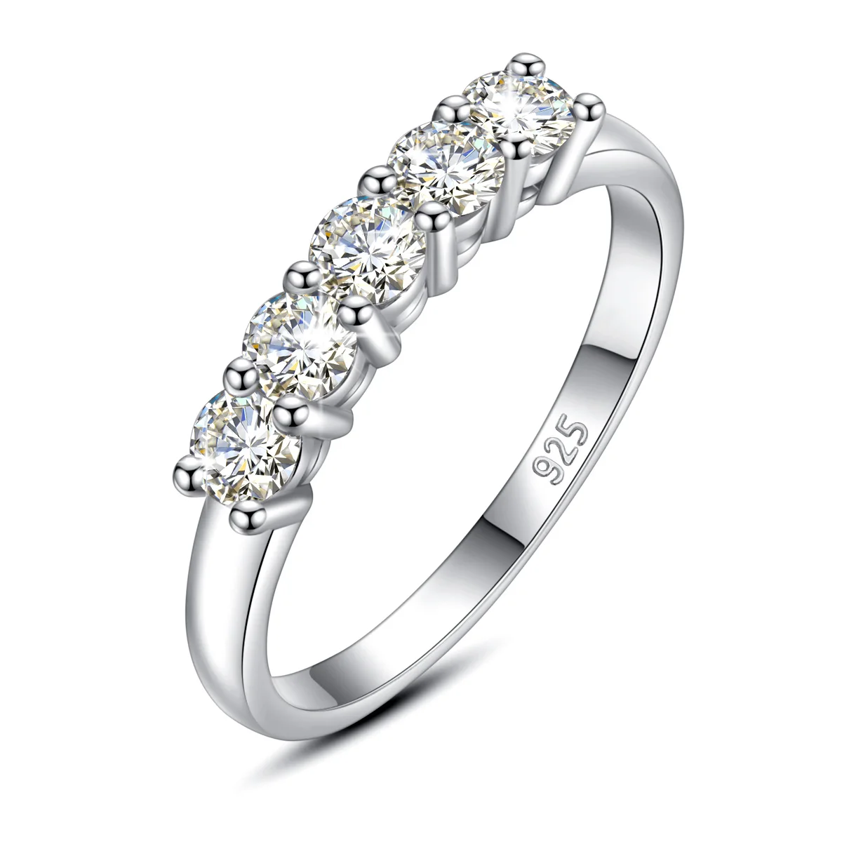 Massiver 925 Sterling Silber Ring mit 5 Steinen in Reihe für Damen, Runder Moissanit Stapelring, Hochzeit, Versprechen, Verlobung, Schmuckgeschenk – Detail 2