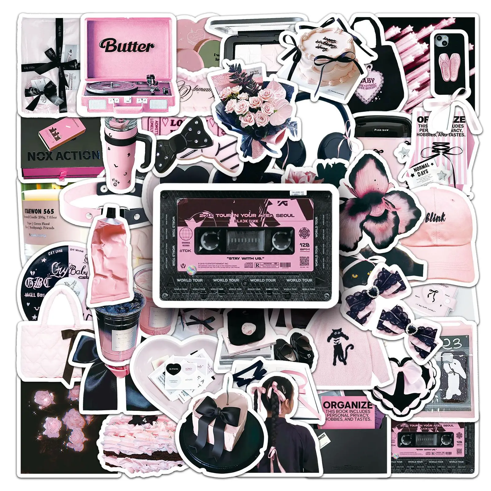 

10/30/52Pcs Black Pink Ins Style Stickers Creative Sweet Cool Trendy Stickers DIY Guitar Phone Skateboard Waterproof Stickers