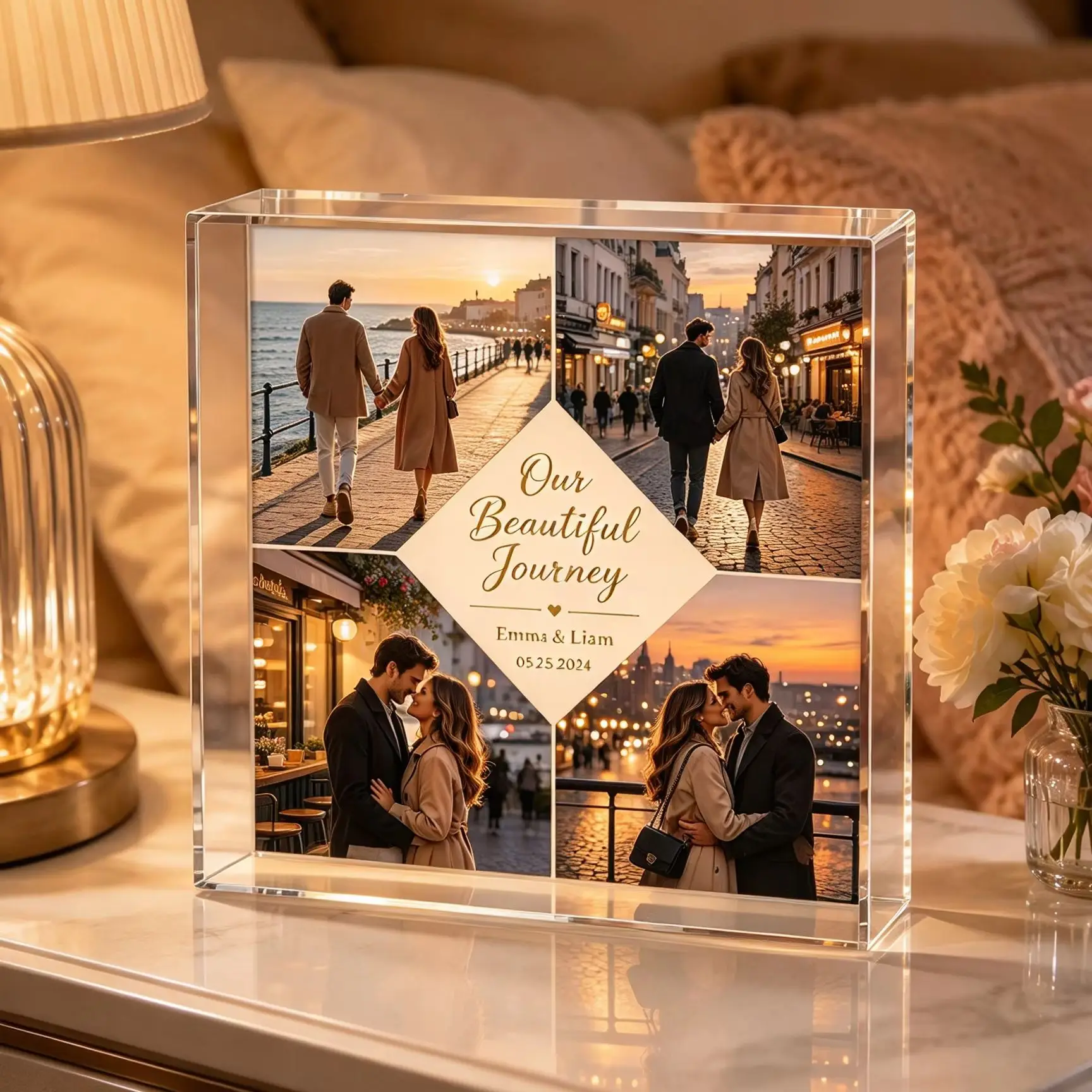 Personalized 3D Acrylic Photo Block - Custom Image Display, Elegant Beach Sunset Design, Perfect Mother's Day Gift