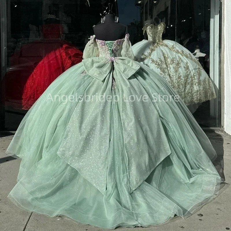 Angelsbridep Customized Sage Green Ball Gown 15 Year Old Quinceanera Dresses Beading Bow Short Sleeves Birthday Party Gown