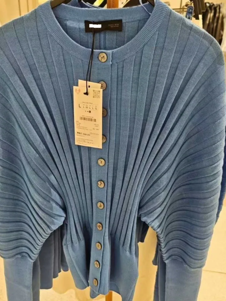 

Spring Summer New Arrival Women's Blue Casual Long Sve round Ne Pleated Sve Knitted Outerwear Slim Fit Open Cardigan