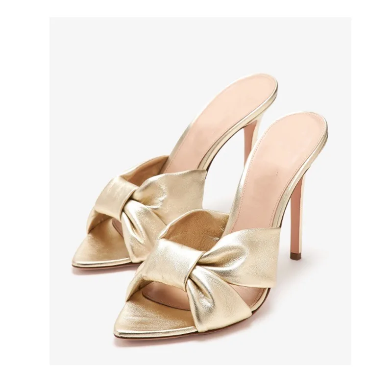 

Crystal Stiletto Bow Sandals Super High-Heel Pointed-Toe Fashionable Slippers Golden Sexy Women's Shoes Sandalias Mujer Verano