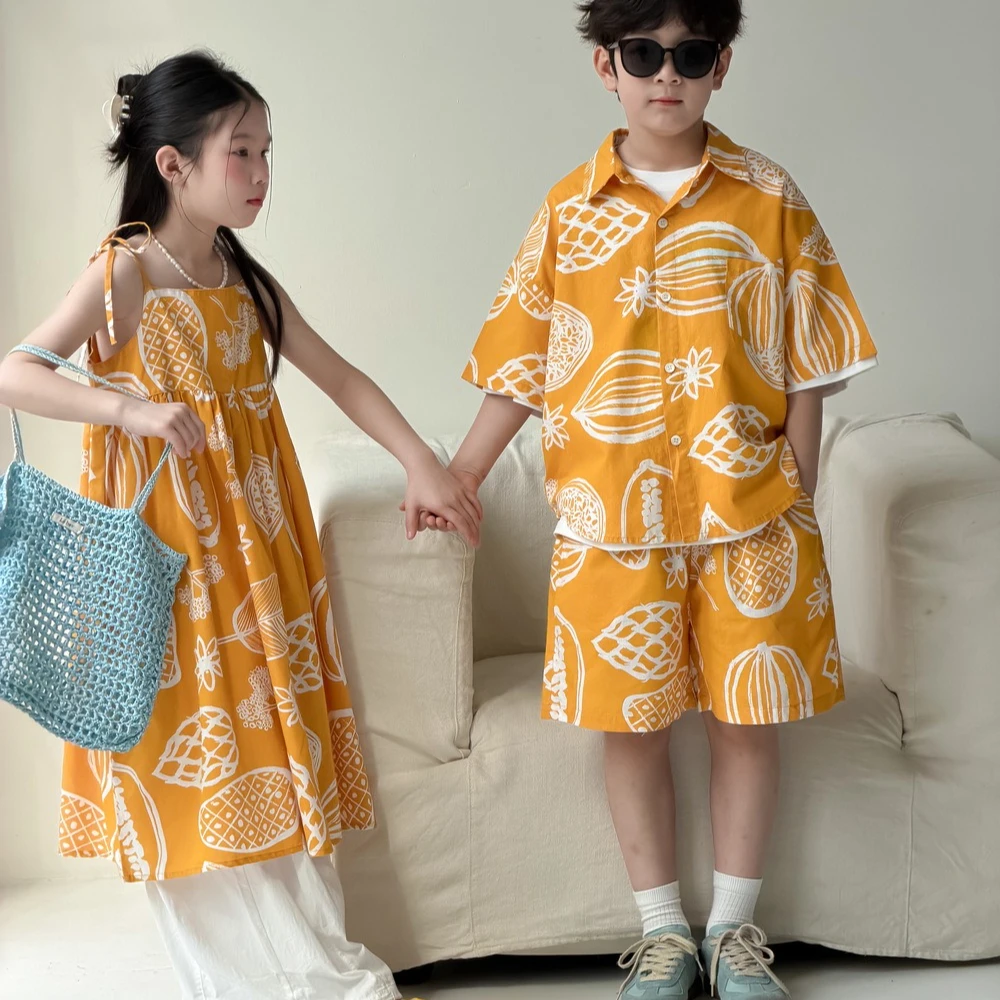 Set 2026 Spring and Summer New Childrens Clothing Korean Boys and Girls Irregular Shirt Shorts Halter Skirt Brother and Sister
