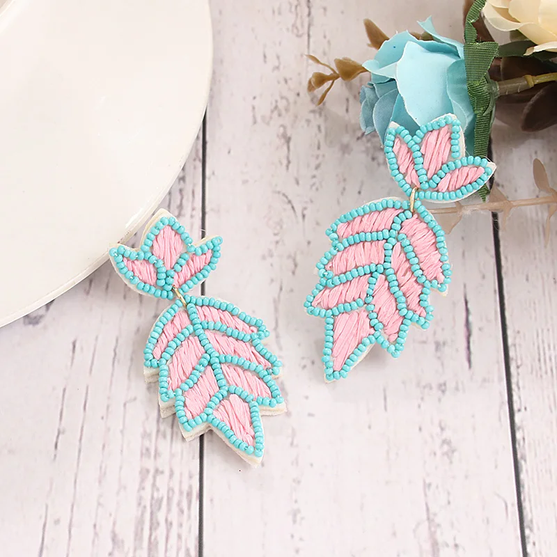 Niche Fresh color Rice Bead Earrings powder blue stitching clover Pine shaped earrings Girl Accessories Earrings