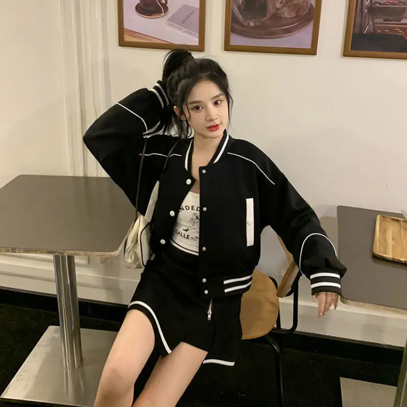 Ensemble de survêtement de baseball vintage pour femme, manteau court chic coréen, demi-jupe taille haute, tenues de printemps et d\'automne,