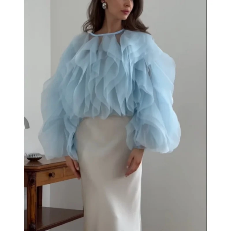 

Vintage Patchwork Ruffle Shirt For Women O Neck Lantern Long Sleeve Solid Elegant Blouse Female Fashion New Style