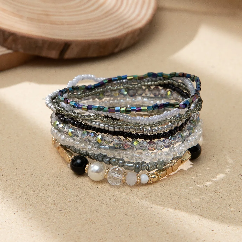 10Pcs/Set Colorful Bohemian Beads Bracelets Stackable Pearl Beaded Multilayer Bracelets Hand Jewelry Shiny Bangle Set Women