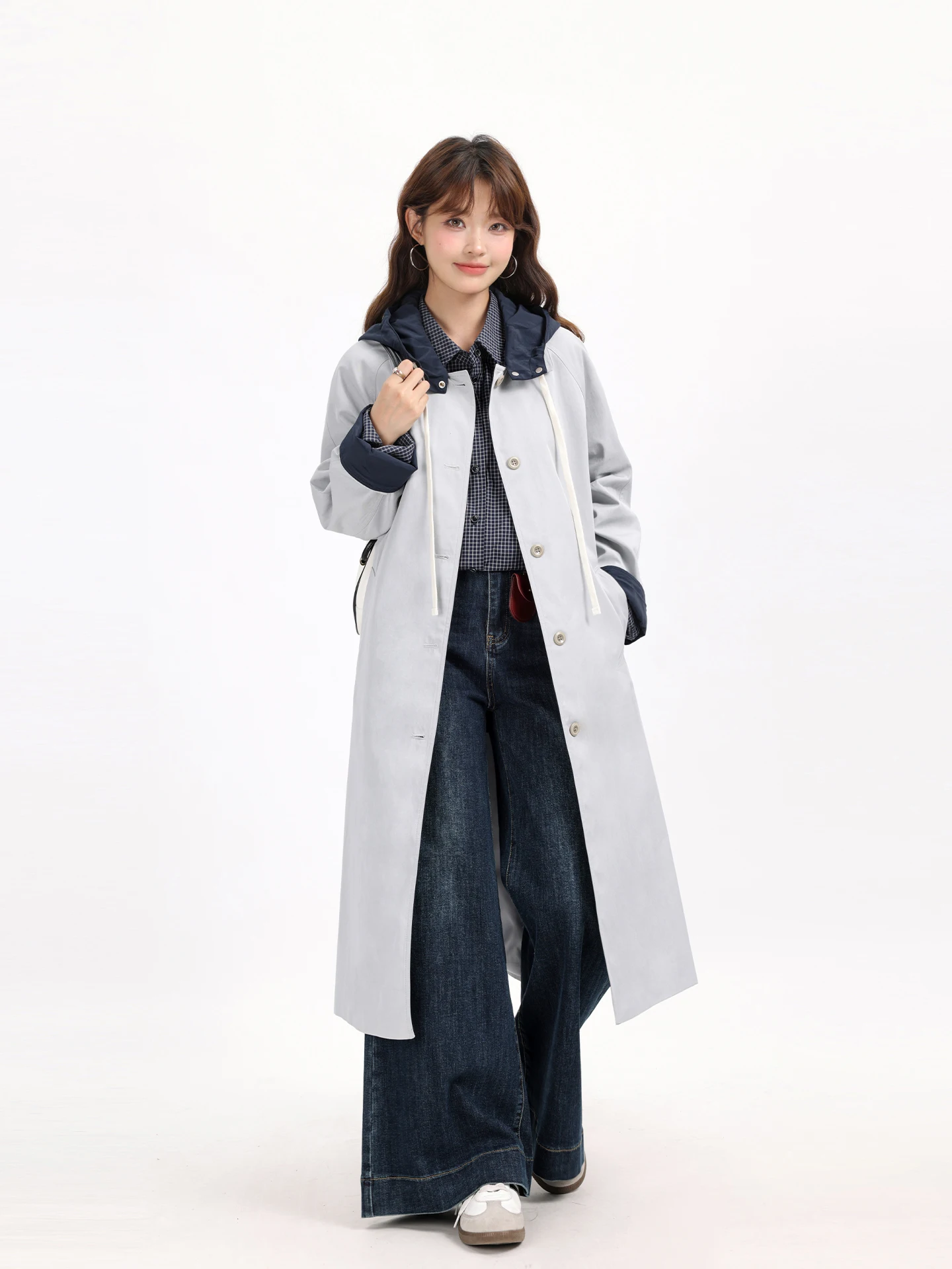 Elegant Retro Long Spliced Color Block Hooded Windbreaker Straight Leg Slimming Casual Early Autumn Coat Korean Style Commute
