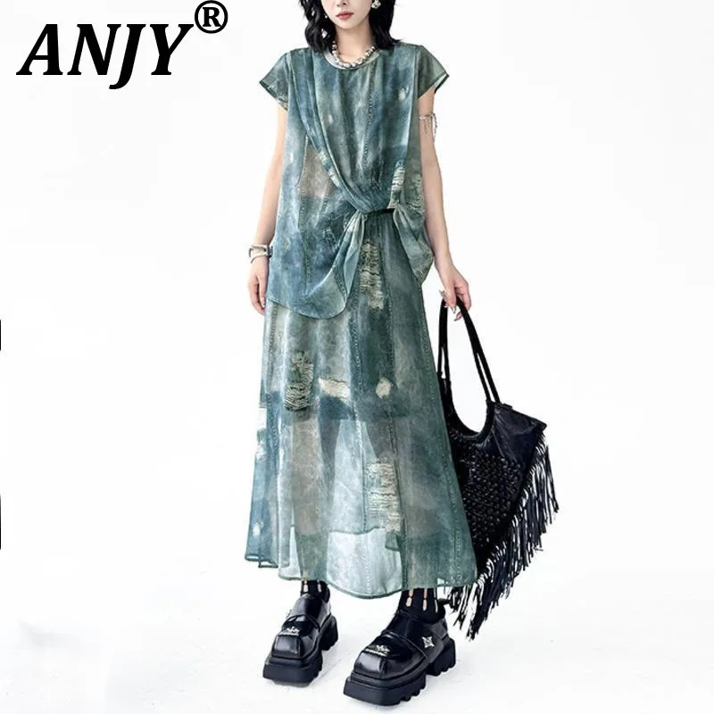 

ANJY Summer New Women Chinese Style Chic Gradient Denim Trendy Asymmetric Ruched T-Shirt Elastic Waist Skirt Two-piece Set A8130