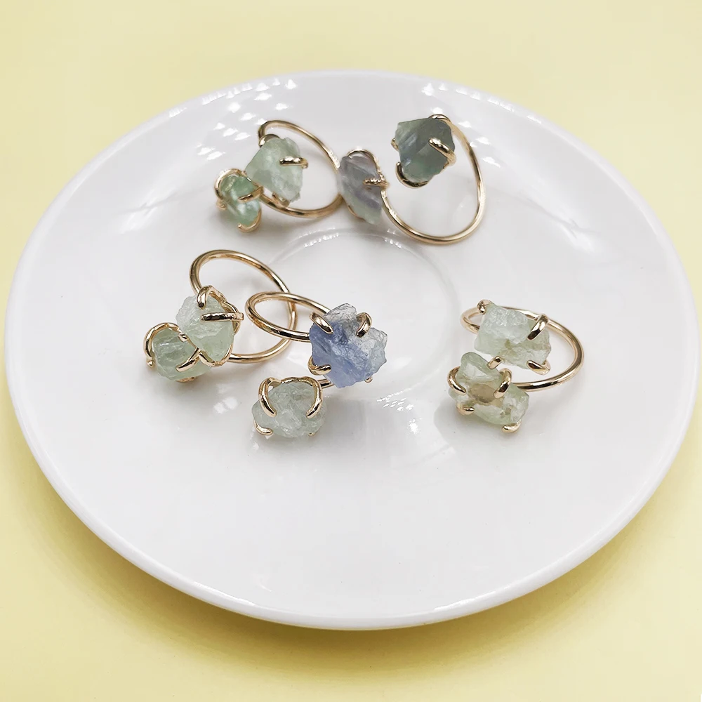 Irregular Fluorite Crystal Open Cross Ring for Women Girls Claw Setting Gold-color Boho Rough Stone Finger Jewelry Resizable view 2