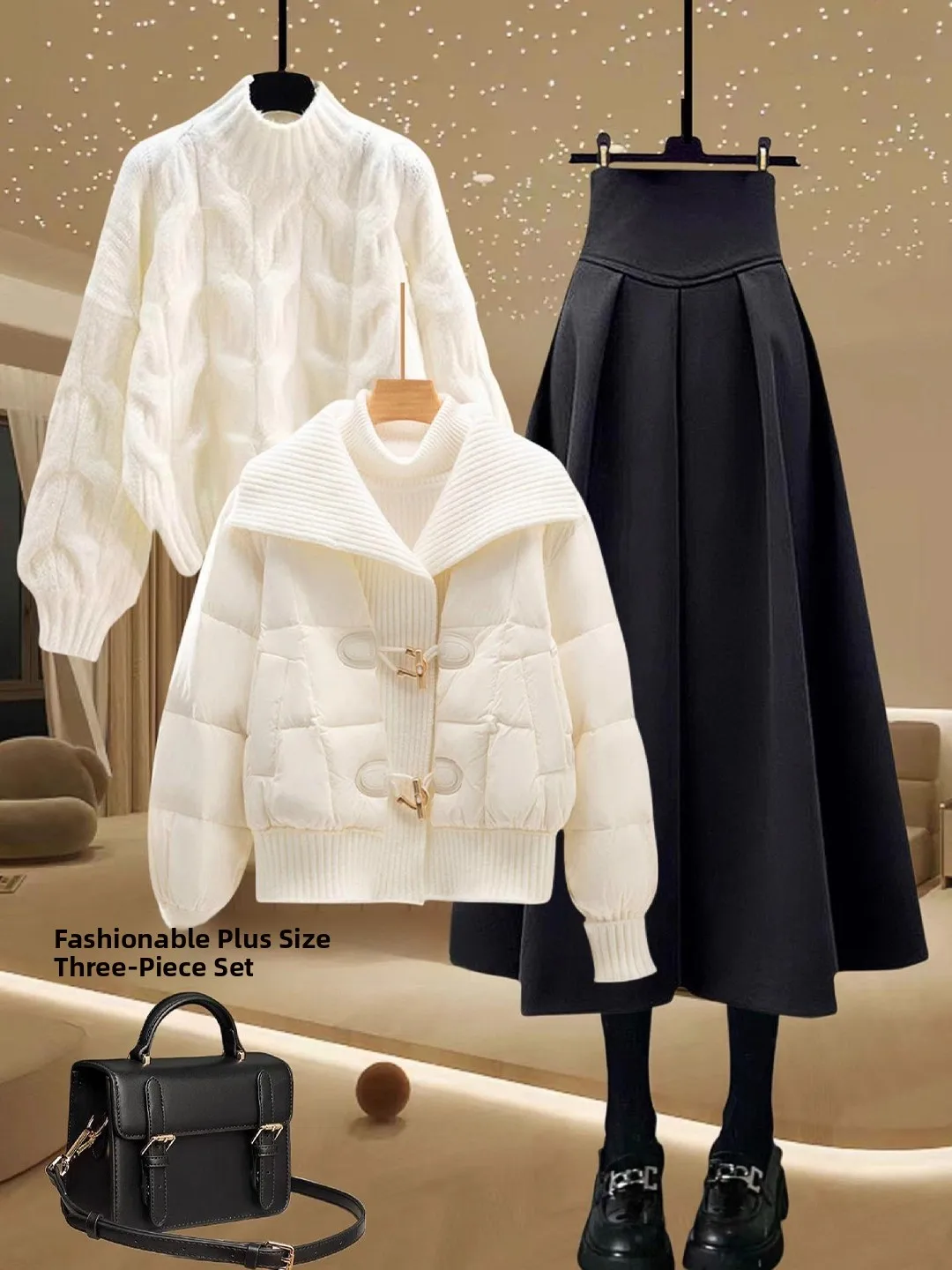 

Ladies Large Size Cotton Jaet Knitted Sweater Midi Skirt Two Piece Set Korean Sle Faionable Winter Warm Casual Wear